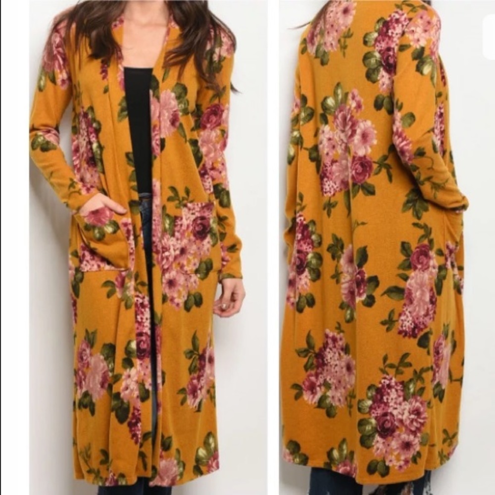 Boutique Mustard Floral Cardigan Duster NEW